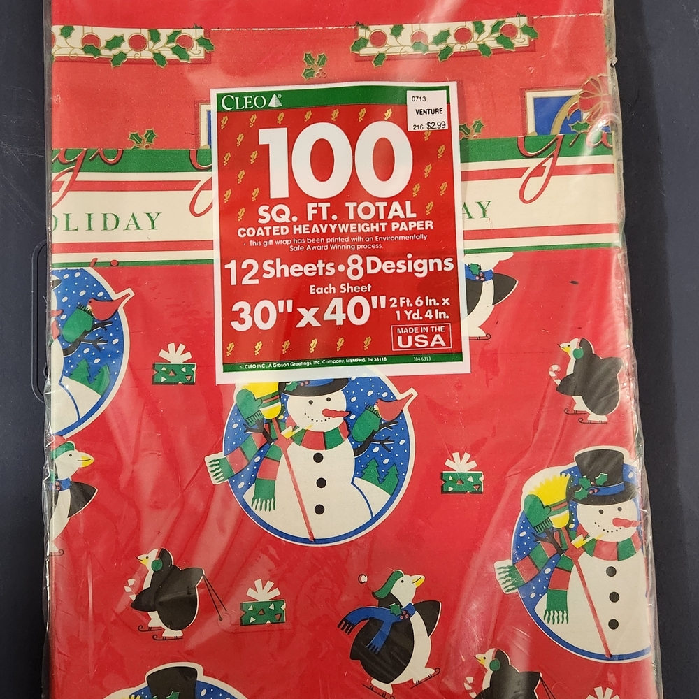 Vintage 90s Cleo Christmas Wrapping Paper 12 Sheets 8 Designs NOS 100sq Ft